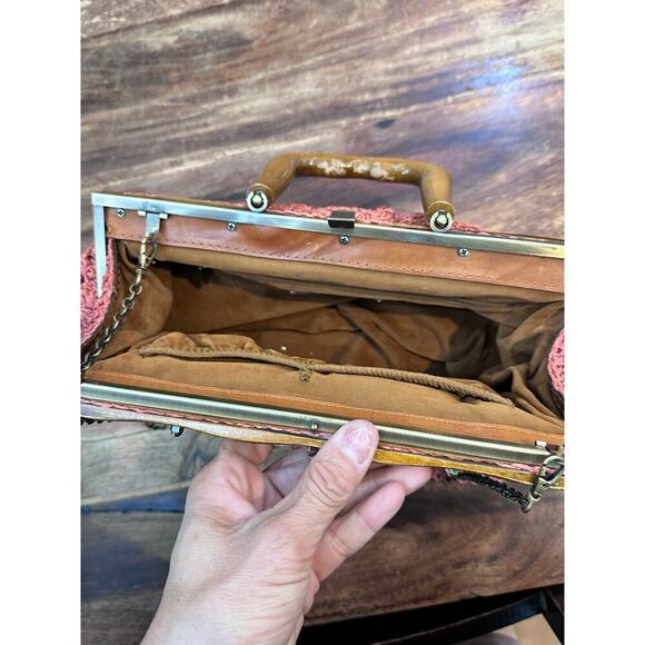 Patricia Nash Carmen Salmon Crochet Wood Leather Shoulder Chain Satchel Handbag - Picture 6 of 7